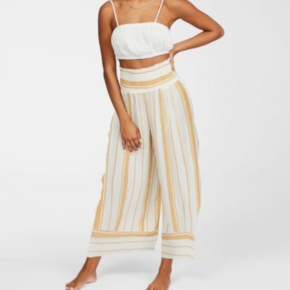 Billabong Pants - Billabong All Lined Up Striped Wide Leg Beach Pants Yellow White L